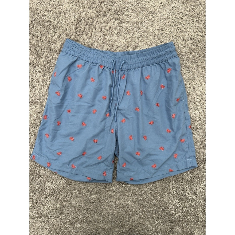 Men's Blue Caribbean Premium Resort Wear Embroidered Crabs Swim Shorts Trunks L